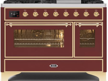 Majestic II 48 Inch Dual Fuel Liquid Propane Freestanding Range in Burgundy with Brass Trim For Cheap