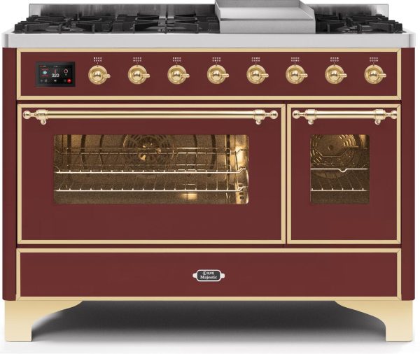 Majestic II 48 Inch Dual Fuel Liquid Propane Freestanding Range in Burgundy with Brass Trim For Cheap